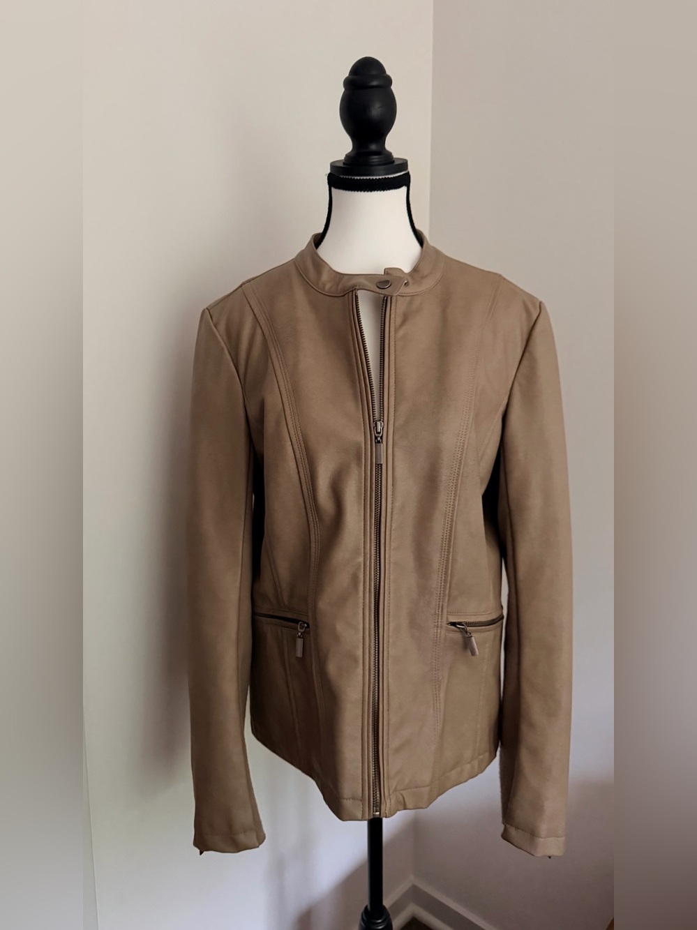 Mo-Ka Faux Leather Moto Bomber Jacket Taupe Beige Women’s L